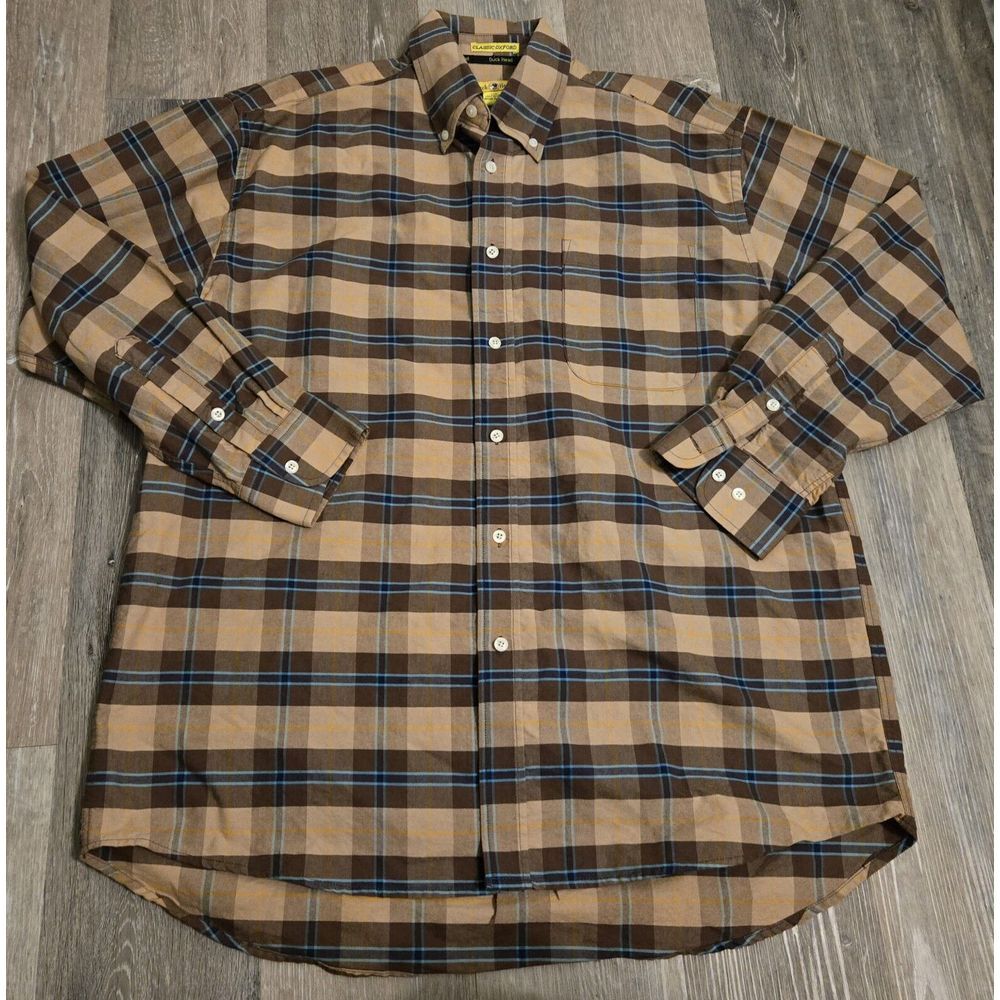 Duck‎ Head Plaid Button Up Shirt Long Sleeve Brown Tan Blue Checkered Casual LG